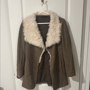 Theory Troyda Brown Pea Coat with Cream Faux-Shearling Collar